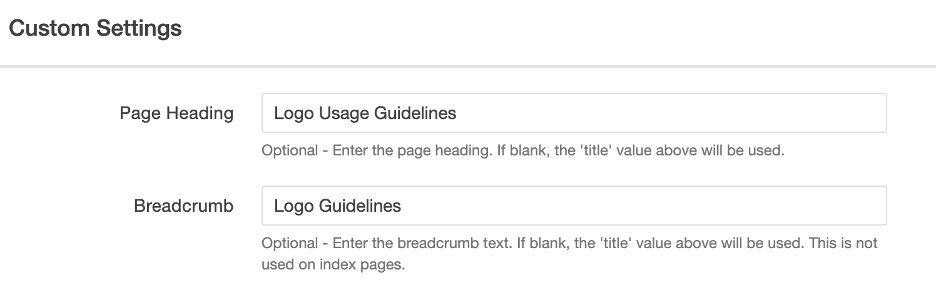 Screen shot of page heading and breadcrumbs in Modern Campus edit window
